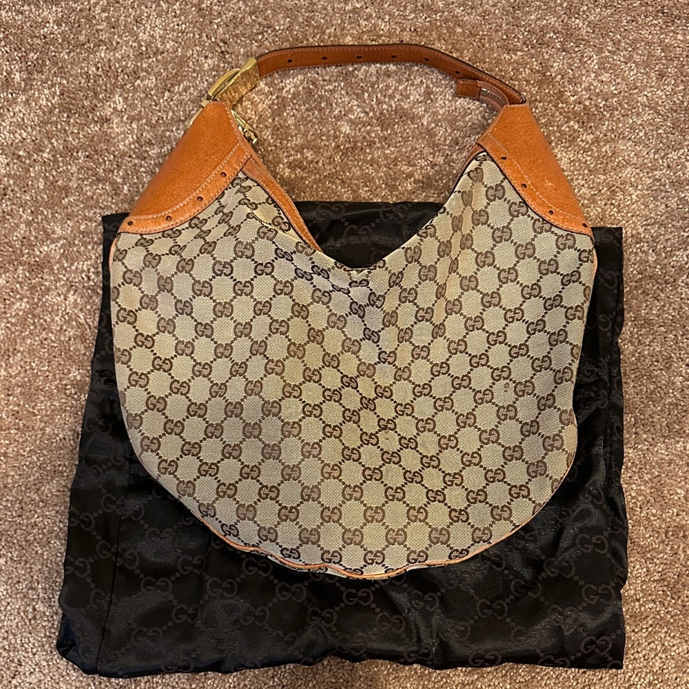 Gucci Brown GG Canvas Hobo with Tan Leather Trim